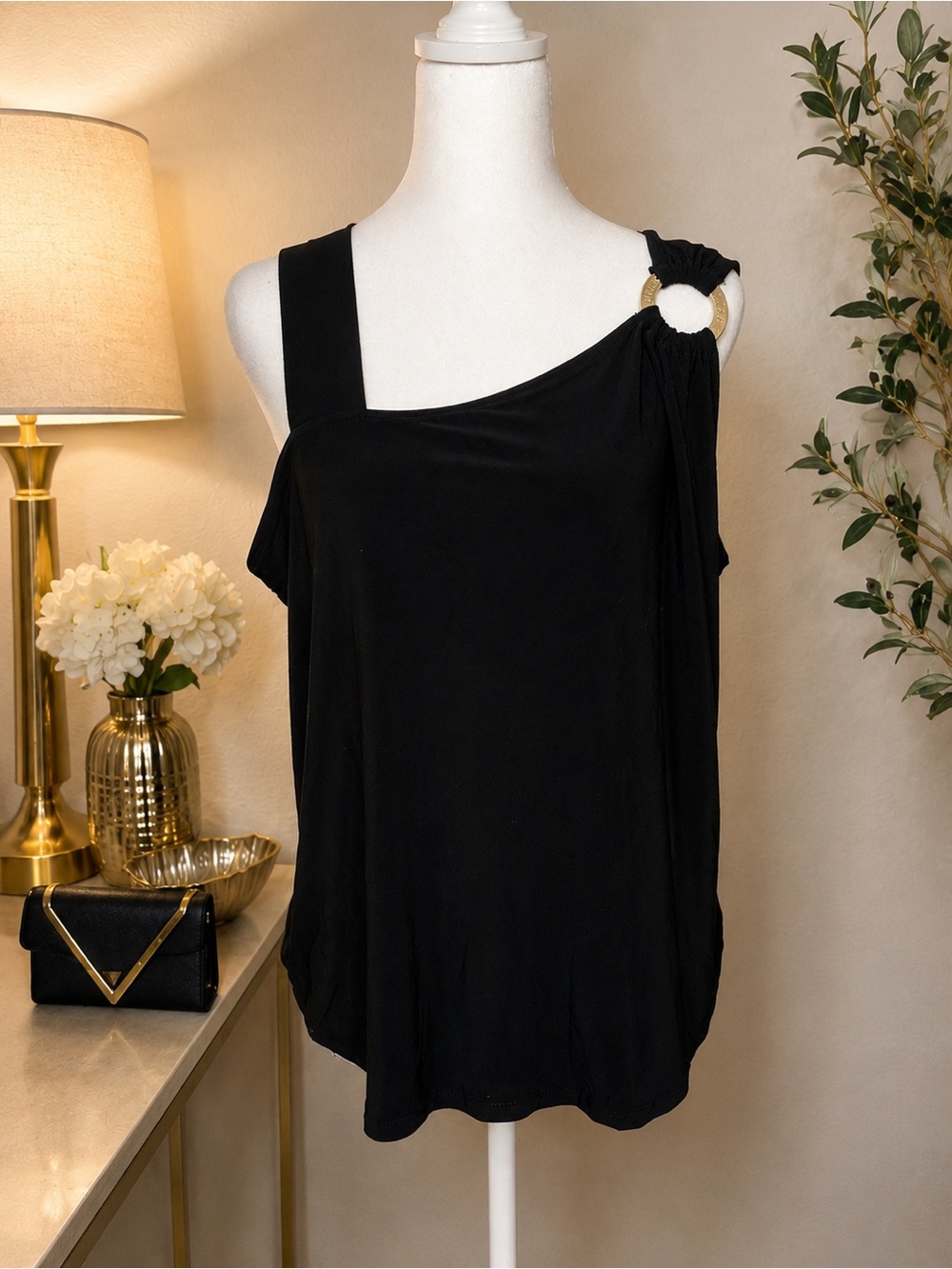Nine West Black One-Shoulder Tank with Gold Ring Detail